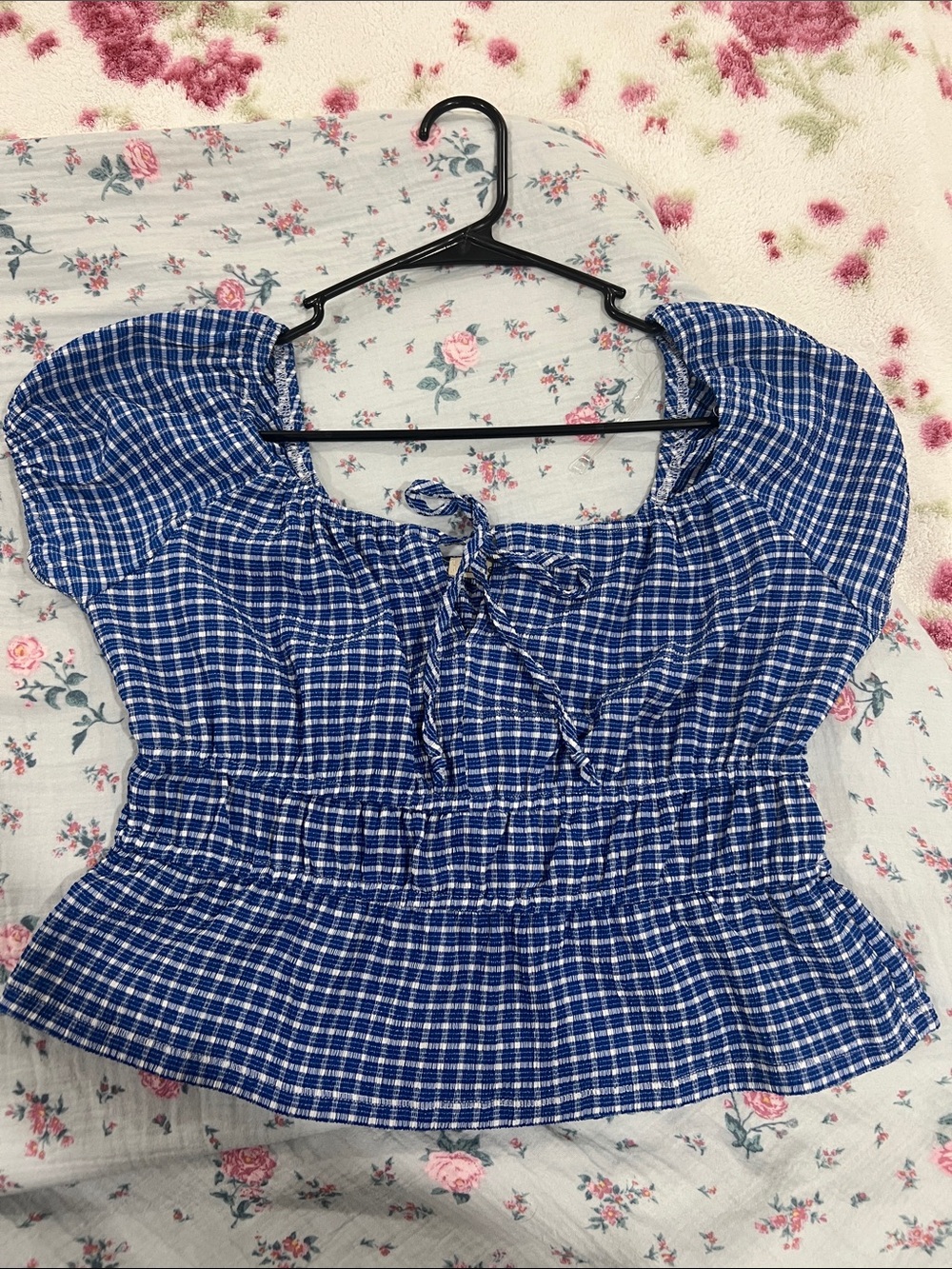 Liberty Love Blue Plaid Puff-Sleeve Crop Top